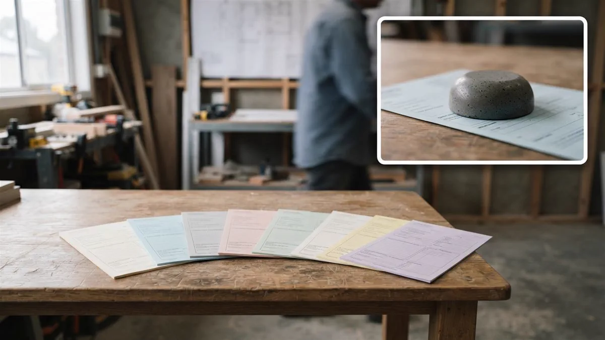A map of Australia rendered as eight overlapping paper forms on a desk